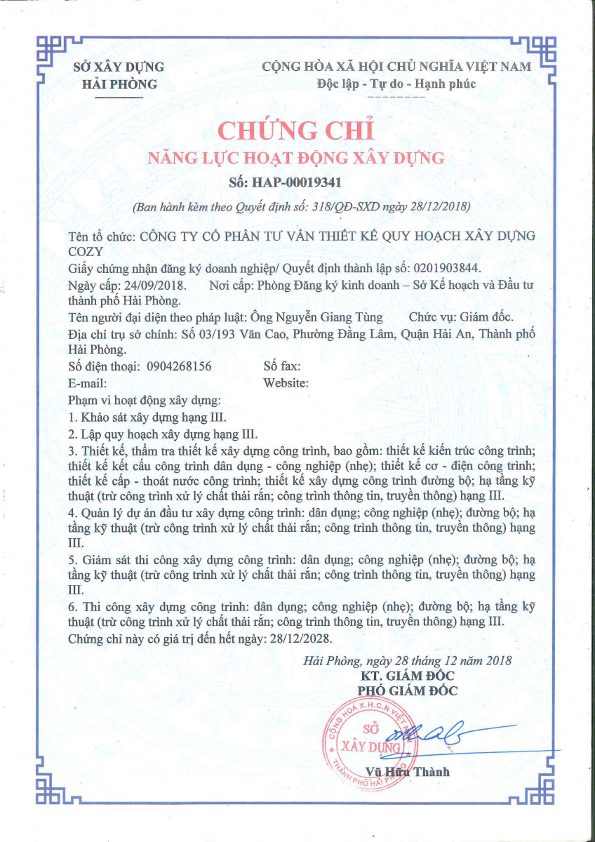 Chứng chỉ năng lực hoạt động Xây dựng 2018