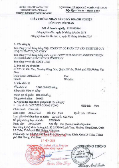 Giấy chứng nhận đăng ký doanh nghiệp công ty cổ phần cozy